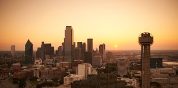 USA, Texas, Aerial photograph of the Dallas skyline at sunrise