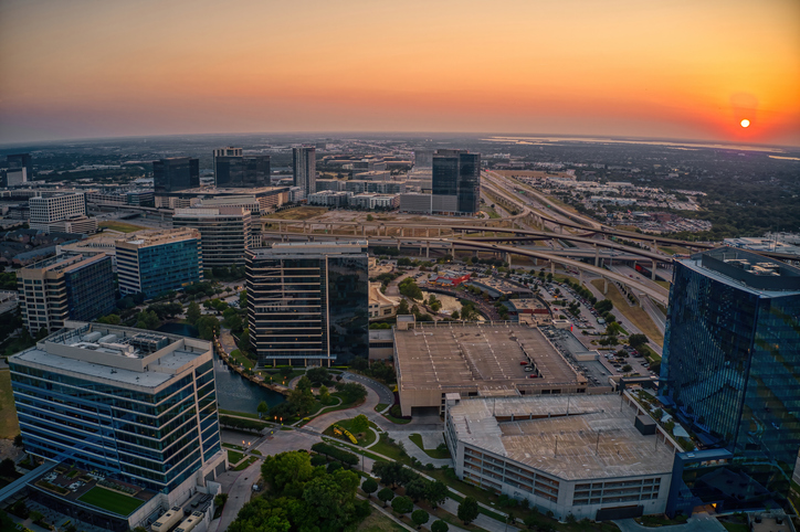 Aerial View of the Plano, Texas Business District during Summer Sunset