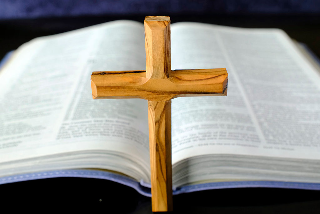 Open Holy bible with a christian cross