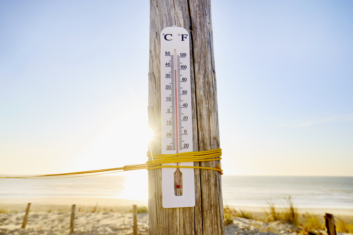 Thermometer hanging at a wooden pole at beach against sun, sea and blue sky