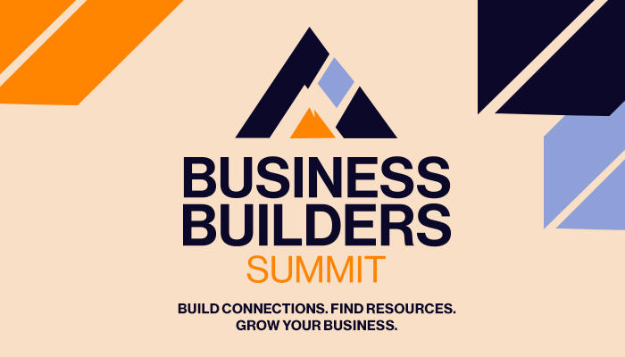 Business Builders Summit logo with orange and blue geometric shapes and text "BUILD CONNECTIONS. FIND RESOURCES. GROW YOUR BUSINESS.