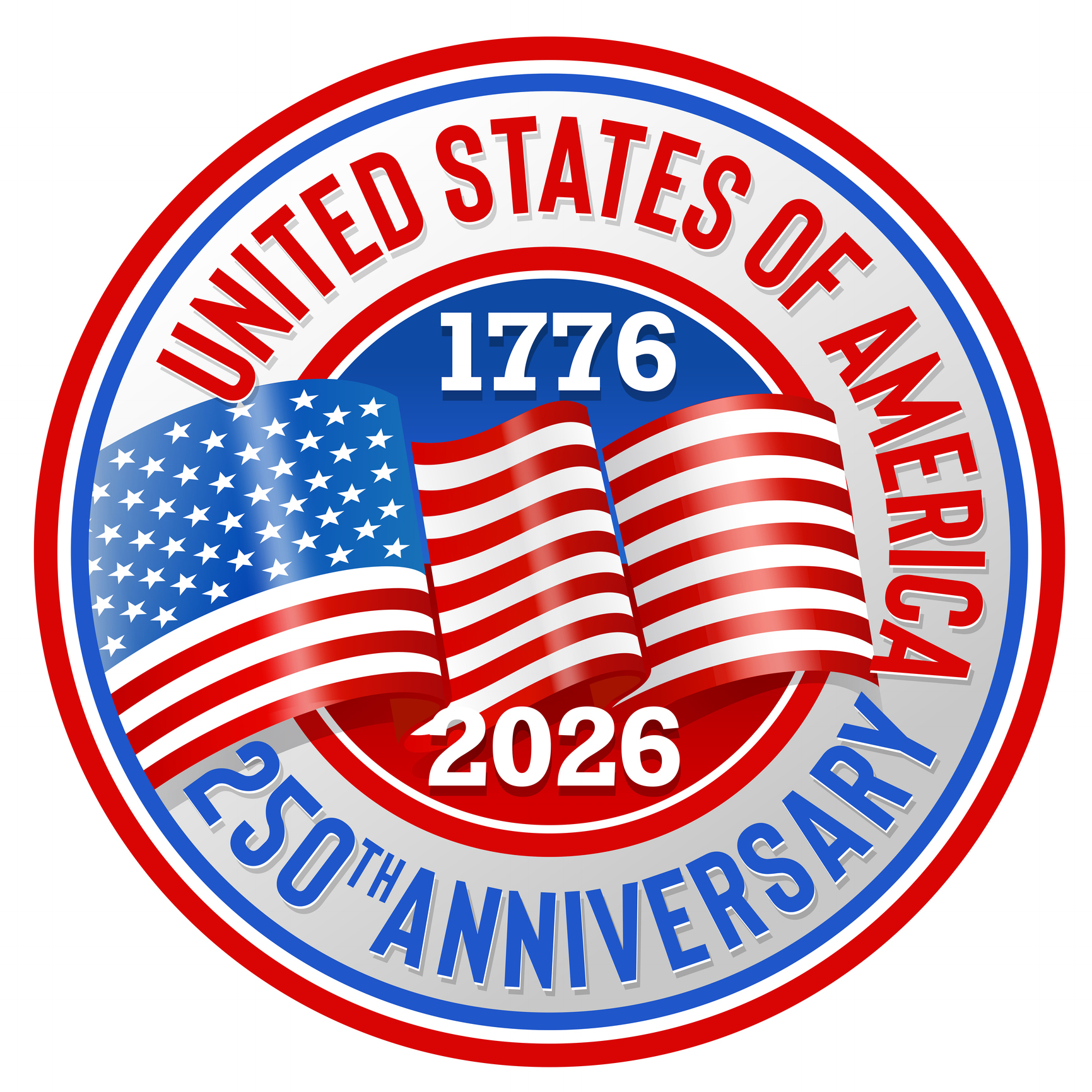 250 years Anniversary USA button with flag to celebrate Fourth of July Independence Day on white background