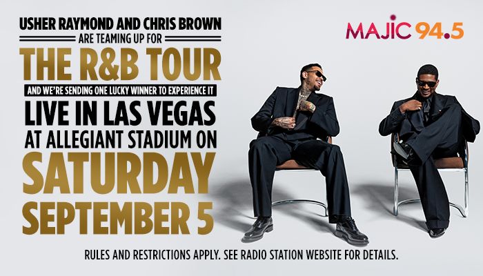Usher Raymond and Chris Brown seated in chairs, promoting "The R&B Tour" live in Las Vegas at Allegiant Stadium on September 5.